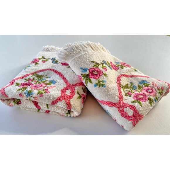Vintage 70s bath towels, pink floral arabesques beige, fringed, for the pair - Picture 9 of 9
